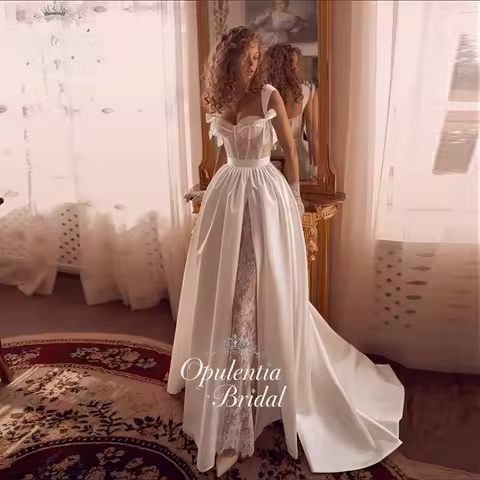 Opulentia Customized Vintage Lace Wedding Dresses Bow Slit A-Line Satin Appliques Corset Straps Brid