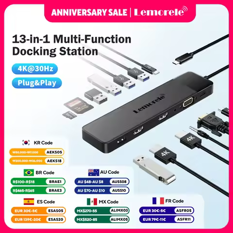 Lemorele 13Ports USB Hub Type C Hub USB Docking Station Dual HDMI 4K30Hz VGA USB3.0 Adapter for Macb