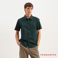 Penshoppe Regular Fit Short Sleeves Shirt with Polka Dots All Over Print For Men (Forest Green/Red)