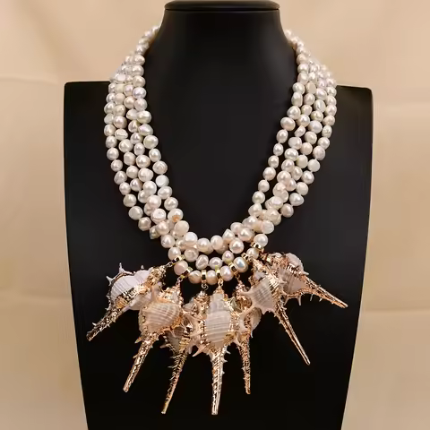 G-G 4 Rows Cultured White Baroque Pearl Necklace Gold Plated Sea Snail Shell Pendant