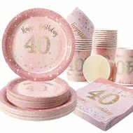 25 ชิ้น Happy 40th Birthday Foundation Make-Up จานใช้แล้วทิ้ง, ผ้าเช็ดปากและถ้วย, จาน Happy Birthday