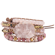 [PIA Store] SelectedNatural Stone Bracelet Pink Quartz Leather Wrap Bracelets for Women Rose Gems Cr