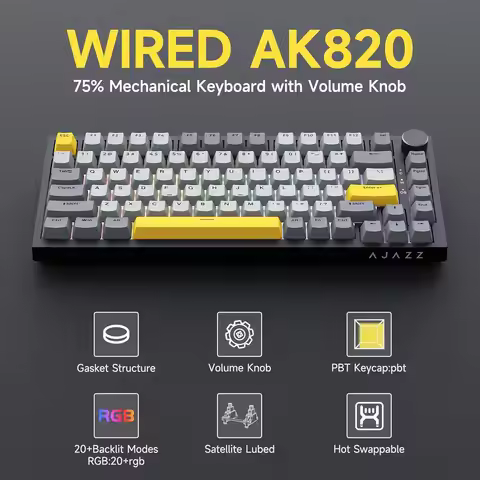 Ajazz AK820 Wired Mechanical Keyboard, 75% Gaming Keyboard with Volume Control Knob, QWERTY Layout,