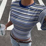 เสื้อยืดลายทางไม่สม่ำเสมอสำหรับผู้หญิง, เหมาะสำหรับฤดูใบไม้ผลิ/ฤดูร้อน, ลายทาง สไตล์วิทยาลัย, เหมาะส