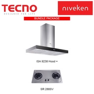 (HOOD + HOB) Tecno ISA 9238 Island Hood with Black front Panel + Tecno SR 288SV ( 90cm) 2 Burner Stainless Cooker Hob