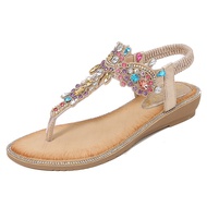 Women Rhinestone Sandals T-Strap Buckle Bohemian Pearl Crystal Flat Sandals Elegant Casual Flat Sand