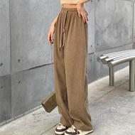 (k-06) กางเกงเอวสูง ผ้าลูกฟูก แต่งเชือกรูดด้านหน้า  เอวยืด ผู้หญิง Clothing