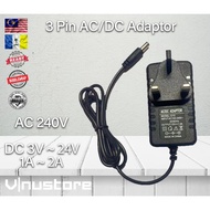 3 Pin Power Adaptor AC to DC 3V 5V 6V 9V 12V 24V 1A 2A 3A  1Meter 5.5mm 2.1mm Connector