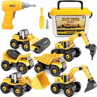 Truck Toys with Electric Drill-DIY Construction Vehicle Excavator Toy Set, with Storage Box Children