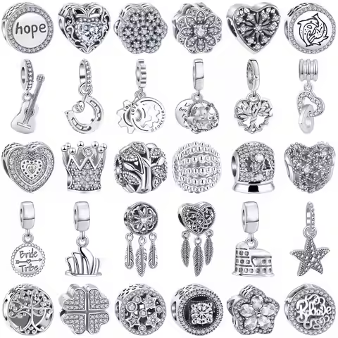 100% S925 Sterling Silver Crown Guitar Dolphin Dreamcatcher Flower Heart Beads Fit Original Pendant 