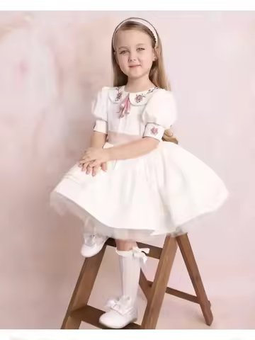 0-12Y Baby Girl Summer Handmade Embroidery White Dress for Birthday Wedding Baptism Eid Casual B114