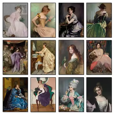 Vintage Victorian Women Mirror Boreas Lady Portrait Poster Print Wall Art Pictures Canvas Painting L