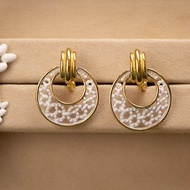 美國Monet品牌古董 金邊白色鑲珠鏤空門環耳環 專利無痛耳夾