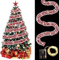 Lyrow 65.6 ft Christmas Tinsel Garlands with 65.6 ft LED String Lights Christmas Hanging Metallic Garland Centerpiece Table Decorations for Christmas Party Tree Fireplace Front Door Decor (Red)