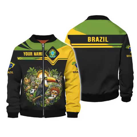 Fashion Brazil National Emblem 3D Print Jacket For Mens Clothing Street Hip-hop Zip Up Coat Loose Ch