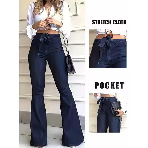 Y2k Jeans Women Jeans Trendy Elastic Waistband Flare Pants Wide Leg Trousers Stylish New Design Casu