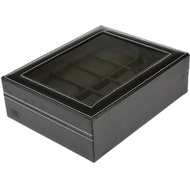 H&S Glass Lid 10 Watch Jewellery Display Storage Box Case - Faux Leather Black Watch Box For Men Wom