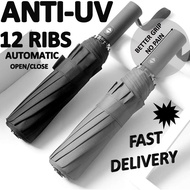 PK0 【READY STOCK!!】12 Ribs Auto Open/Close Travel Umbrella, Finest Windproof Umbrella with Teflon Co