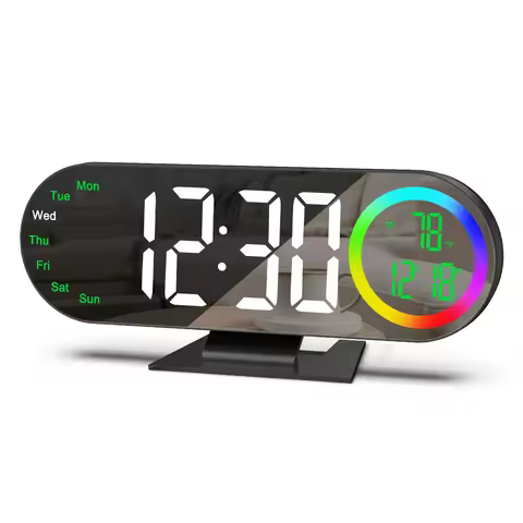 ORIA LED Mirror Clock 8.5" Alarm Clock with 16 Color RGB Light USB Powered Table Clock Temp Week Dis