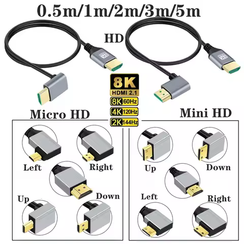 90 Degree 8K 5K Micro HDMI to HDMI-compatible UP/Left/Right Angle HDMI 2.1V Cable for TV PC Digital 