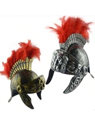1頂塑料斯巴達戰士頭盔帽,帶有羽毛和獅子設計,適用於中世紀羅馬服裝派對