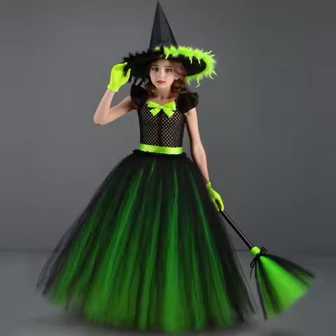 Girls Wicked Elphaba Witch Gown Costume Dress Kids Green Black Tutu Dress with Hat Broom Baby Hallow