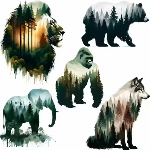 Watercolor Animal Iron On Patches Bear Lion Wolf Heat Transfer Sticker For Cloth Vinyl Thermal Appli