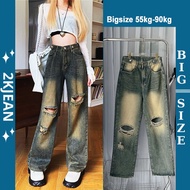 Women's Wide Leg Ripped Jeans Bigsize 55–90kg, Y2K High Waist Straight Jeans with Personality MS189-