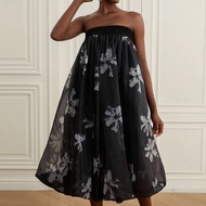 Starry Night Inspired Organza Random Floral Strapless Puff Maxi Dress, White Starry Cloud Draped Flo