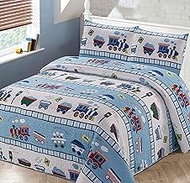 Better Home Style Red White and Blue Choo Choo Train Railroad Tracks Kids/Boys/Toddler Coverlet Bedspread Quilt Set with Pillowcases # Train (Queen/Full)