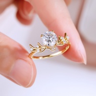 Round Moissanite Diamond S925 Silver Plated 18K Gold Vine Branches And Leaves Women's Ring Main Ston