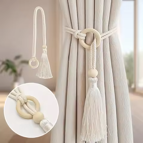 2PCS Bohemian Chic adjustable cotton cord curtain tie fringe - hand woven, log loop curtain buckle s
