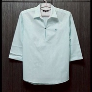 絕版BURBERRY 博柏利 BLACK LABEL 黑標 戰馬 男綠白條紋半開襟七分袖襯衫2號