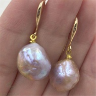 14-15mm Huge pink baroque pearl earrings 18K gold plating dangler party earbob