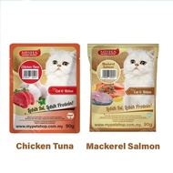 MISHA WET CAT FOOD POUCH 90G (MACKEREL SALMON & CHICKEN TUNA) misha wet food misha pouch makanan kuc