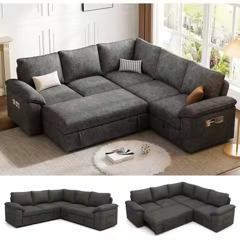 85 L-Shaped Sectional Sofa with Pull-Out Bed, 5-Seat Sleeper Couch with Storage, Cloud-Like Comfort,