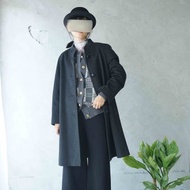 尋寶古著-PURE CASHMERE深灰喀什米爾羊絨立領質感長版大衣