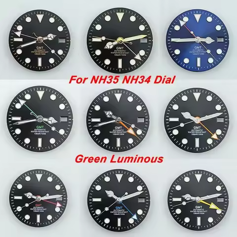 NH34 Dial Pointers Four Hands Green Luminous Watch Dial Face for GMT NH35 NH34 Movement Mod Dials Re