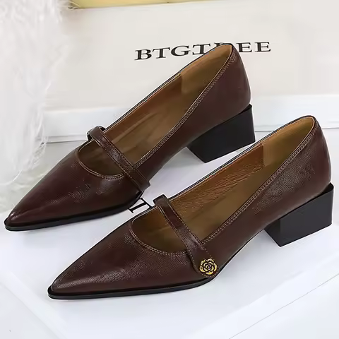 BIGTREE Shoes Retro Low Heeled Women's Shoes Sharp Pointed Mary Jane Shoes Temperament Party Shoes W