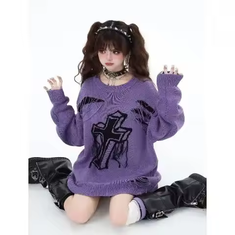 Nicemix Japanese Igari Gothic Blood Cross Oversize Distressed Sweater Women Y2k Urban Dark Grunge Kn