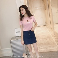 Women's Bear Embroidery T-shirt Causal Short Sleeve Top