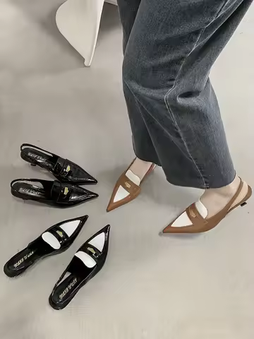 Lin Xiangwan Black Heel Sandals Women's Low Cut Color Block Design Sense Goddess Style Leather Upgra