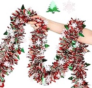 LOMIMOS 32.8 Feet Christmas Tinsel Garland with Snowflake and Christmas Trees,Red Metallic Tinsel Tw