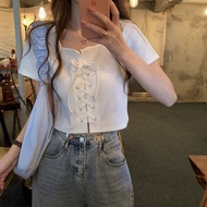 Korean Summer New Women Slim Versatile Lace-up Design Short Sleeve Top T-shirt