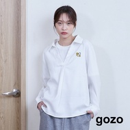 [gozo] gozo Embroidered Half-Cardigan Long-Sleeved Shirt (Beige/Dark Coffee _ F) | Women's Collar Ca