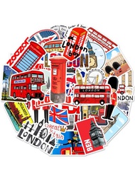 50入組倫敦紅色公車貼紙，可用於手提電腦貼紙、機車貼紙、行李箱貼紙、塗鴉貼紙，適合兒童