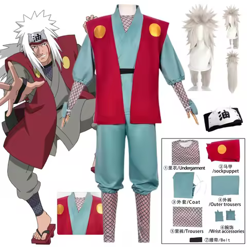 Anime Jiraiya Cosplay Costume Ninja Jiraiya Wig Kimono Suit for Men Oil Forehead Protector Full Set 