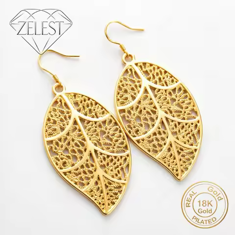 Elegant 925 Sterling Silver 18K Gold Plated Exquisite Hollow Leaf Earrings Women's Glamor Party Jewe