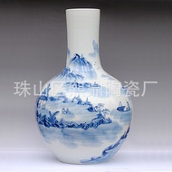 S/🌔Jingdezhen Ceramic Vase Hand Painted Blue and White Landscape Painting Floor Vase Home Fashion Decoration Ornaments D