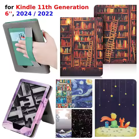 For Kindle 11th Generation 2024 Case 6 inch with Hand Strap Stand Holder Card Slot PU Leather Cover 